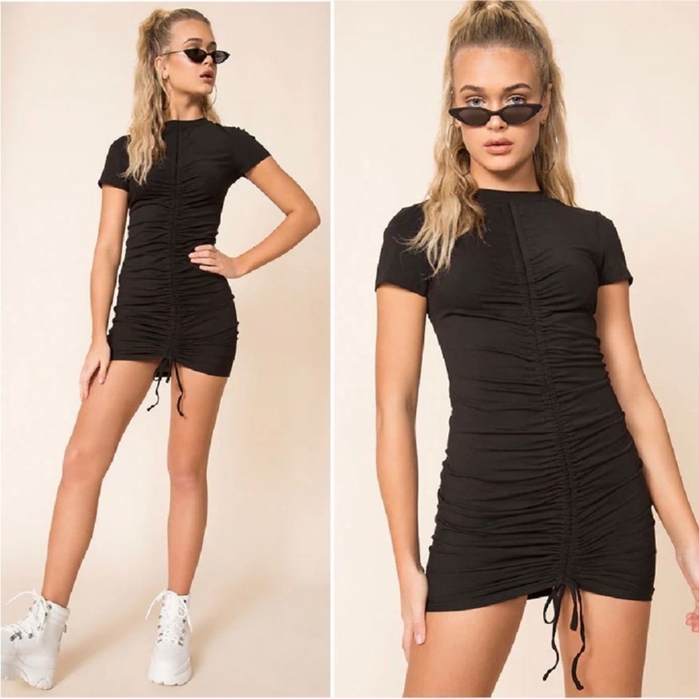 SUPERDOWN Yasmine Ruched Black Dress Cotton  Weekend Drawstring Size XS
